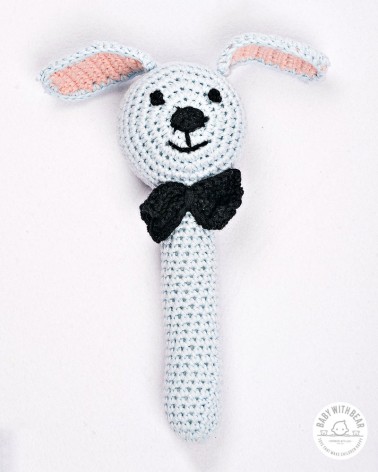 Crochet Hand Rattle - Dog light blue with bow
