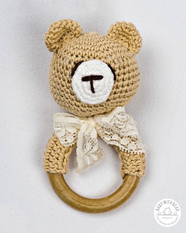 Crochet Rattle Ring BWB - Teddy Bear Teether Light Brown