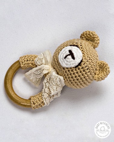 Crochet Rattle Ring BWB - Teddy Bear Teether Light Brown