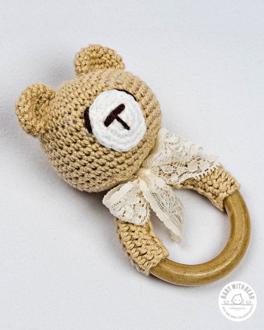 Crochet Rattle Ring BWB - Teddy Bear Teether Light Brown