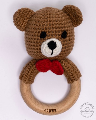 Crochet Rattle Ring BWB - Bear with Bow Brown