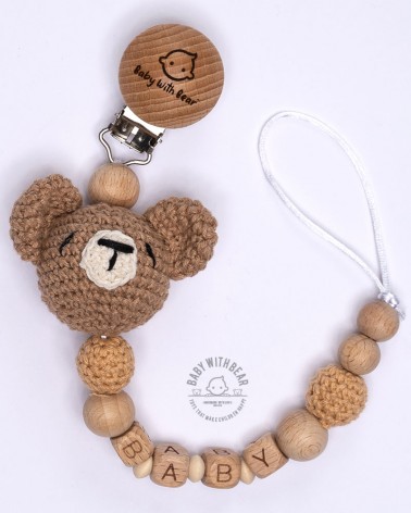 Personalised wood and crochet dummy clip / Pacifier holder - Bear brown