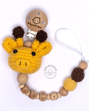 Personalised wood and crochet dummy clip / Pacifier holder - Baby With Bear - Giraffe