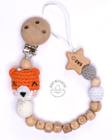 Personalised wood and crochet dummy clip / Pacifier holder - Baby With Bear - Fox