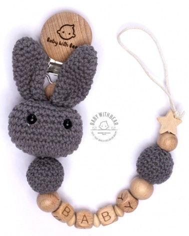 Personalised wood and crochet dummy clip / Pacifier holder - Baby With Bear - Bunny Grey