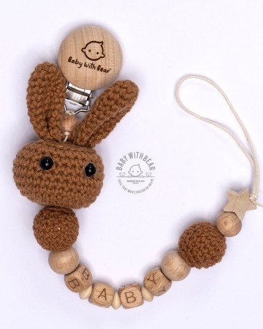 Personalised wood and crochet dummy clip / Pacifier holder - Baby With Bear - Bunny Brown
