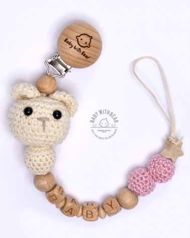 Personalised dummy clip / Pacifier chain - BWB - Bear white & pink