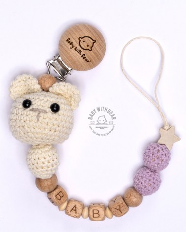 Personalised dummy clip / Pacifier chain - BWB - Bear white & purple