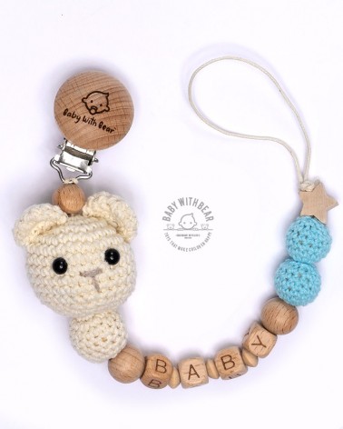 Personalised dummy clip / Pacifier chain - BWB - Bear white & blue