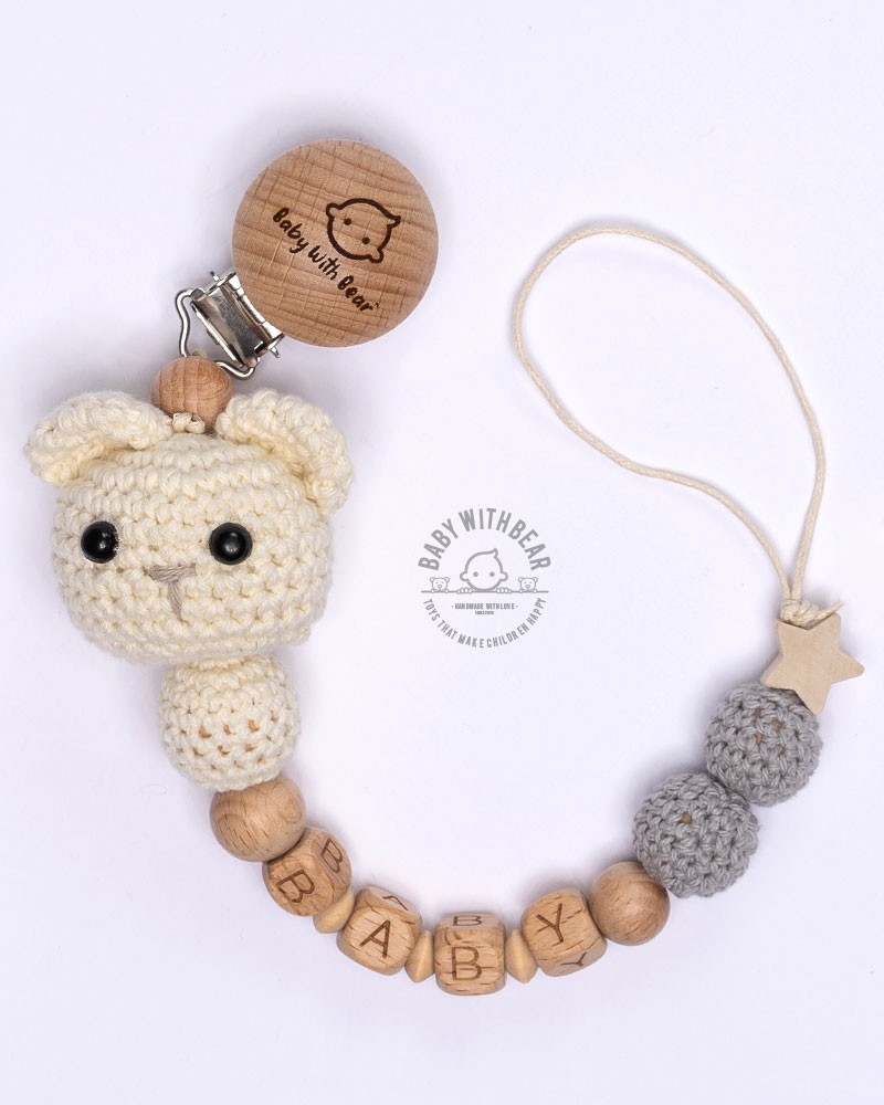 Personalised dummy clip / Pacifier chain - BWB - Bear white & grey
