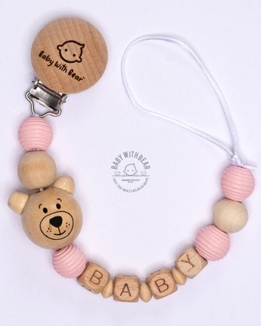 Personalised wooden dummy clip / Pacifier holder - Baby With Bear - Teddy