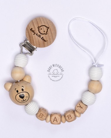 Personalised wooden dummy clip / Pacifier chain - BWB - Bear white