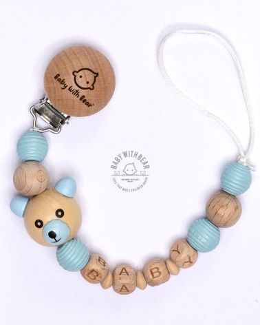 Personalised wooden dummy clip / Pacifier chain - BWB - Bear blue