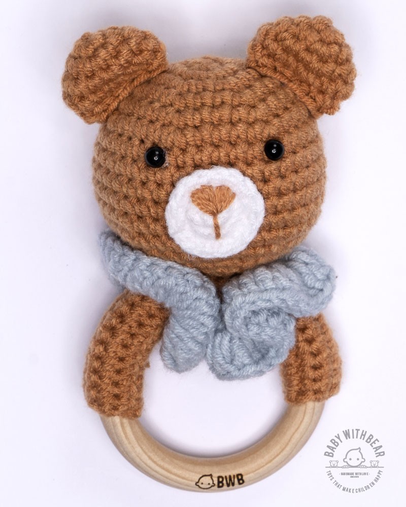 Crochet Rattle Ring BWB - Bear with collar blue Teether