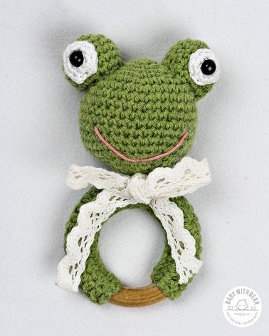 Crochet Rattle Ring Baby With Bear - Frog Teether Green