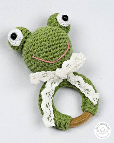 Crochet Rattle Ring Baby With Bear - Frog Teether Green