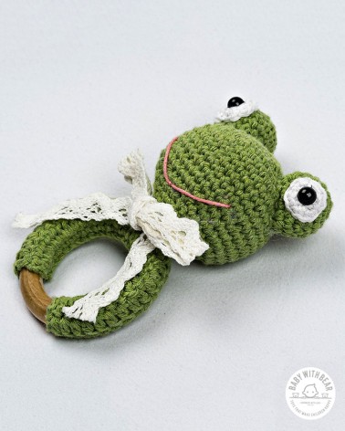 Crochet Rattle Ring Baby With Bear - Frog Teether Green