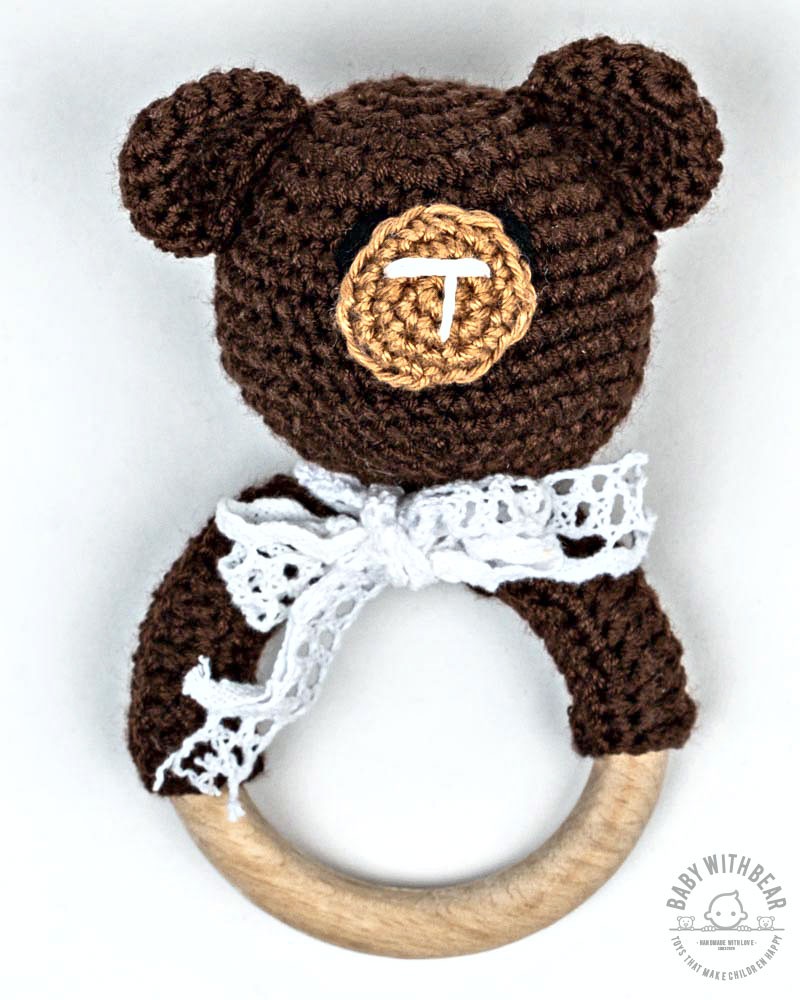 Crochet Rattle Ring BWB - Teddy Bear Teether Dark Brown