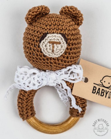 Crochet Rattle Ring BWB - Teddy Bear Teether Brown