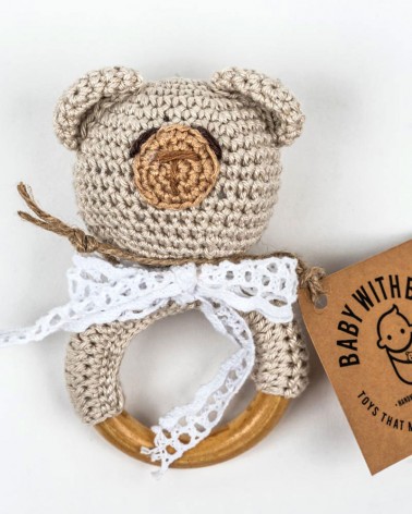 Crochet Rattle Ring BWB - Teddy Bear Teether Cream