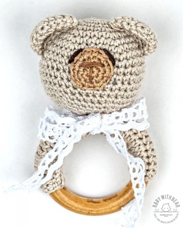 Crochet Rattle Ring BWB - Teddy Bear Teether Cream