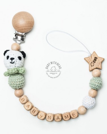 Personalised wood and crochet dummy clip / Pacifier holder - BWB Panda green - Baby gift