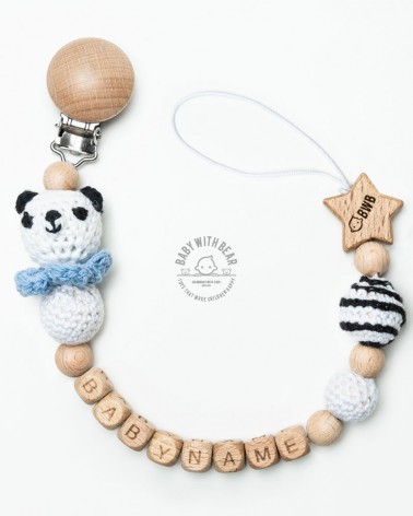 Personalised wood and crochet dummy clip / Pacifier holder - BWB Panda green - Baby gift