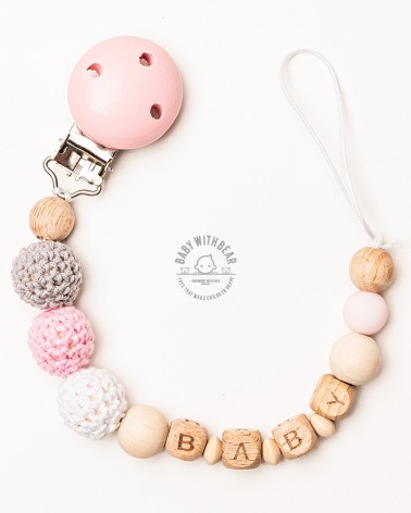 Personalised wooden dummy clip / Pacifier holder - Baby With Bear