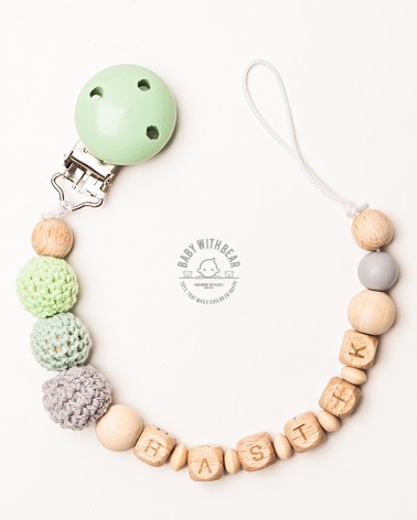 Personalised wooden dummy clip / Pacifier holder - Baby With Bear