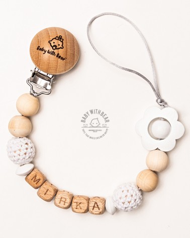 Personalised wooden dummy clip / Pacifier holder - Baby With Bear