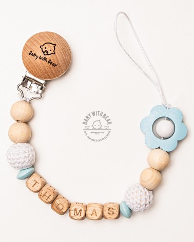 Personalised wooden dummy clip / Pacifier holder - Baby With Bear