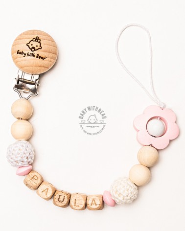 Personalised wooden dummy clip / Pacifier holder - Baby With Bear