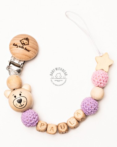Personalised wooden dummy clip / Pacifier holder - Baby With Bear - Teddy