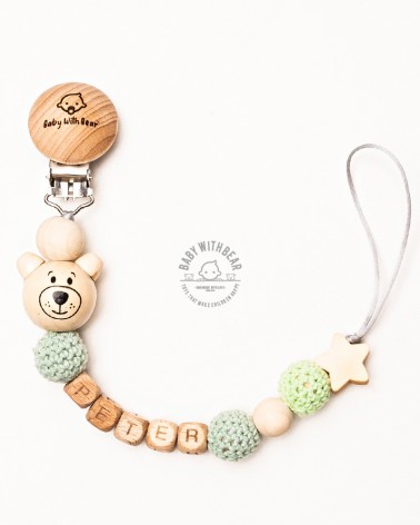 Personalised wooden dummy clip / Pacifier holder - Baby With Bear - Teddy