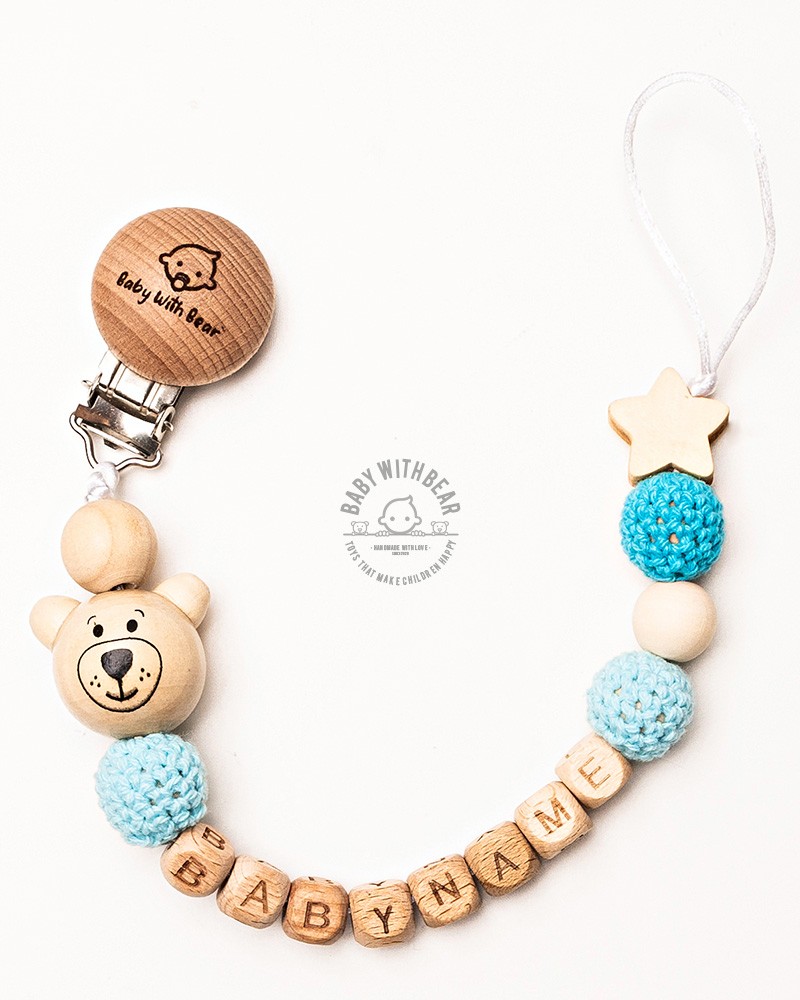 Personalised Name Wooden Baby dummy Clip Crochet beads Star pacifier clip 