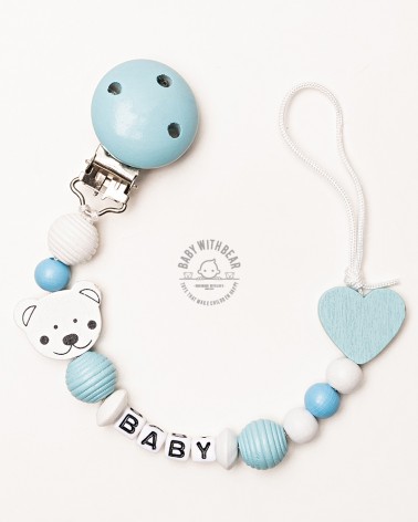 Personalised wooden dummy clip / Pacifier holder - Baby With Bear - Heart