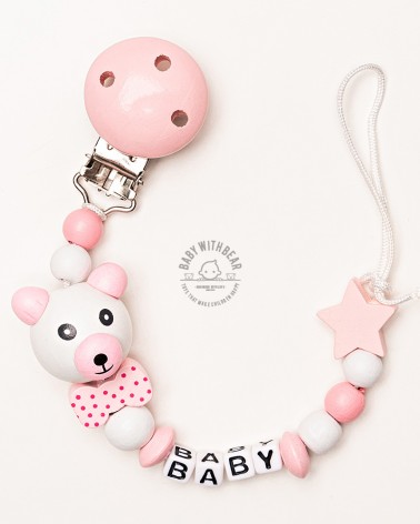 Personalised wooden dummy clip / Pacifier holder - Baby With Bear - Star