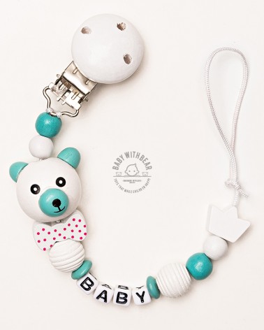 Personalised wooden dummy clip / Pacifier holder - Baby With Bear - Crown
