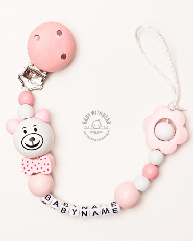 Personalised wooden dummy clip / Pacifier holder - Baby With Bear - Flower