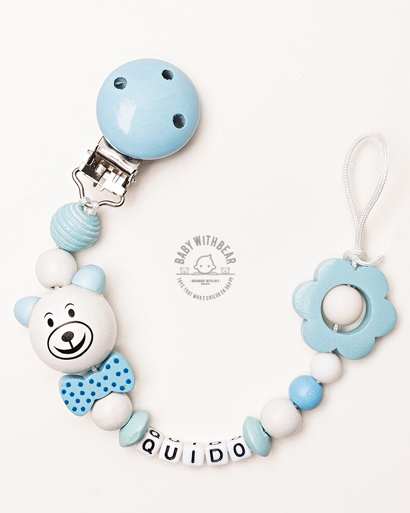 Personalised wooden dummy clip / Pacifier holder - Baby With Bear - Flower
