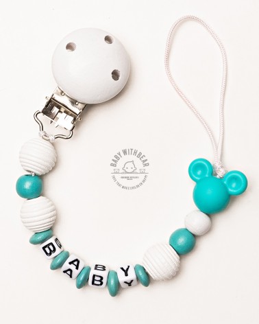 Personalised dummy clip / Pacifier holder - Baby With Bear - Mouse