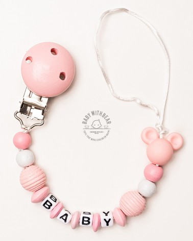 Personalised dummy clip / Pacifier holder - Baby With Bear - Mouse