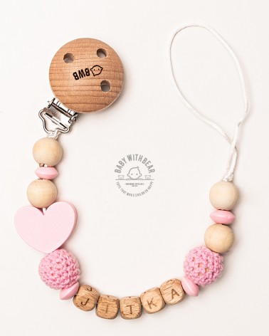 Personalised wooden dummy clip / Pacifier holder - Baby With Bear - Heart