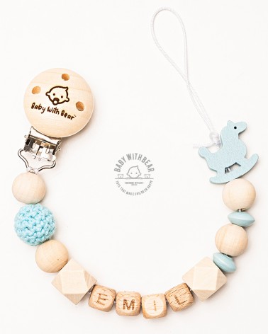 Personalised wooden dummy clip / Pacifier holder - Baby With Bear - Horse