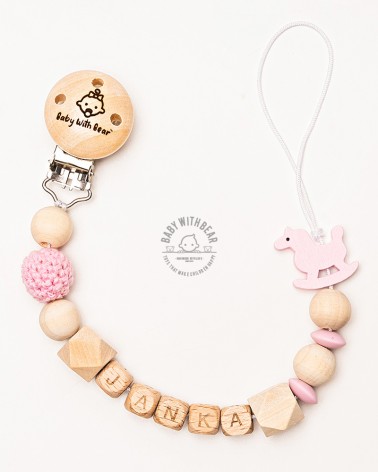 Personalised wooden dummy clip / Pacifier holder - Baby With Bear - Horse
