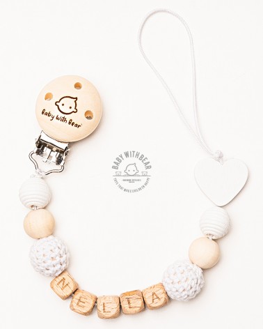 Personalised wooden dummy clip / Pacifier holder - Baby With Bear - Heart