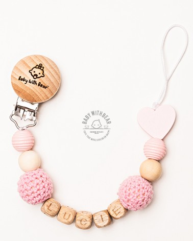 Personalised wooden dummy clip / Pacifier holder - Baby With Bear - Heart