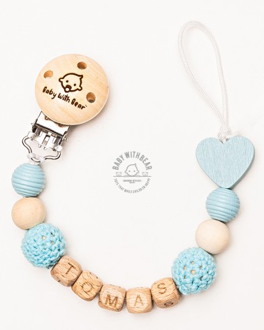 Personalised wooden dummy clip / Pacifier holder - Baby With Bear - Heart