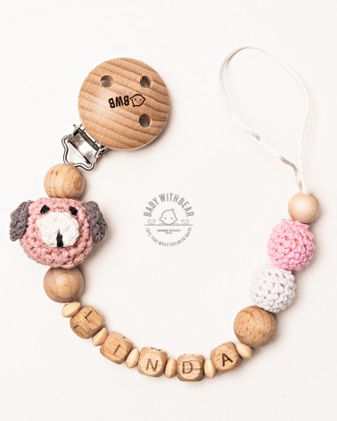 Personalised wood and crochet dummy clip / Pacifier holder - Baby With Bear - Dog